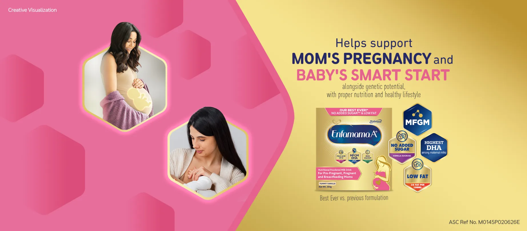 Enfamama A+ prenatal milk advertisement highlighting support for mom's pregnancy and baby's development, featuring product benefits including no added sugar, low fat, highest DHA, and MFGM on a gold background.
